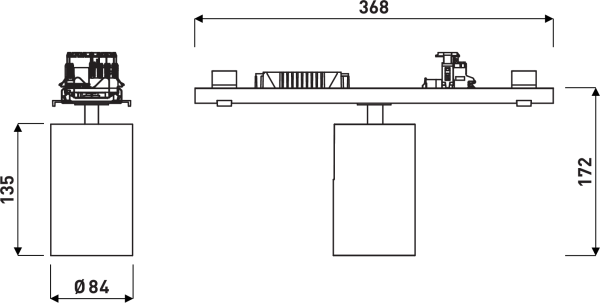 PROLJUS AB LED takarmatur måttskiss 368x172 mm, Ø84 – kraftfull, energieffektiv belysning för butik, kontor och showroom.