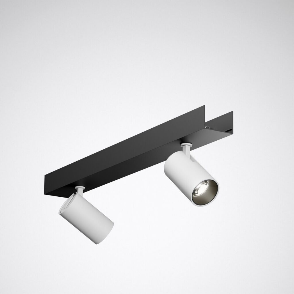 PROLJUS AB LED skenspot med 2 justerbara vita spotlights – stilren, energieffektiv takbelysning för hem och butik.