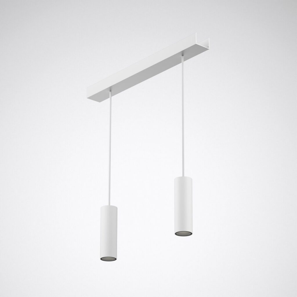 PROLJUS AB dubbla LED-pendlar i vit cylinderdesign – stilren, energieffektiv belysning för kök, kontor och butik.