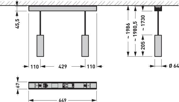 Teknisk skiss: dubbla LED-pendelarmaturer 649 mm, Ø64, höjd 1730–1986 mm – köp proffsbelysning hos PROLJUS AB
