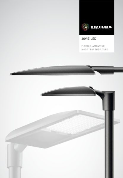 Två slanka Jovie LED-luminärer visade i profil i modern grå finish, en för arm- och en för stolpmontering, med synliga LED-matriser och låg profil för energieffektiv, flexibel och framtidssäker utomhusbelysning som PROLJUS AB levererar för attraktiva stads- och parkmiljöer