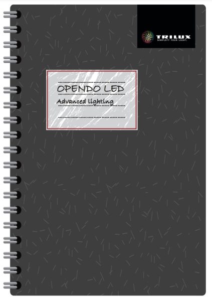 Omslag med texten OPENDO LED Advanced lighting och Trilux-logotyp som framhäver energieffektiva, moderna LED-armaturer för professionella installationer, tillgängliga från PROLJUS AB, kontakta för offert